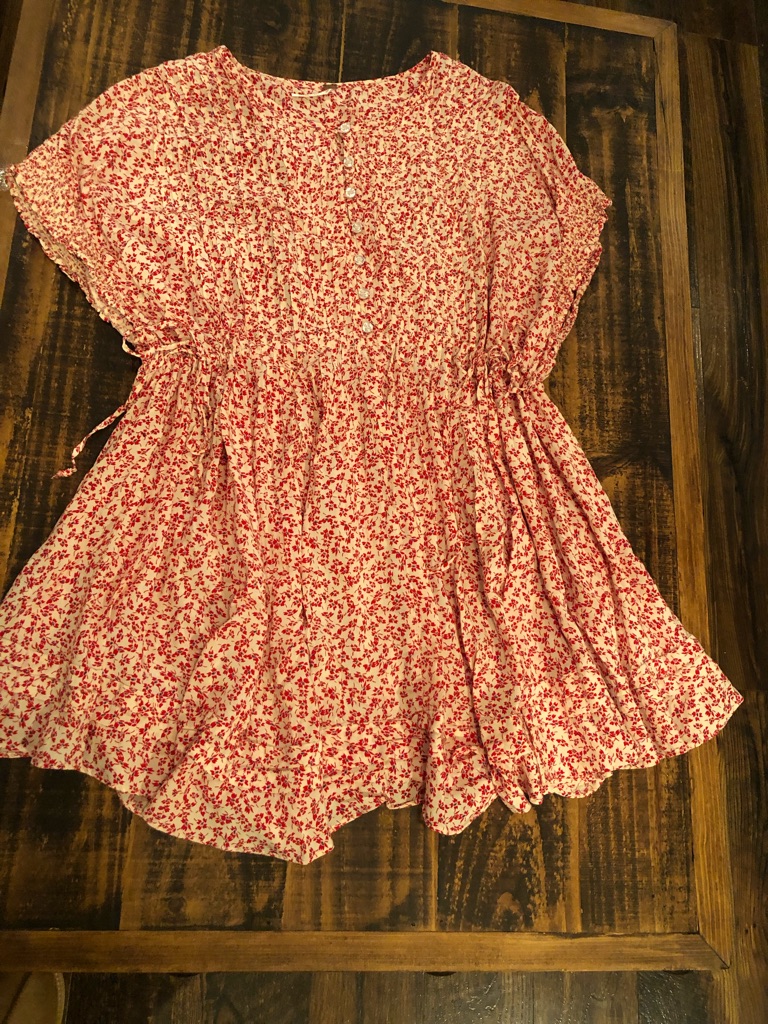 Free People Cream & Red Micro Floral Drawstring Tunic